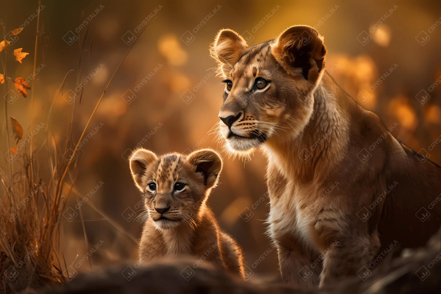 Lioness and her cub resting together