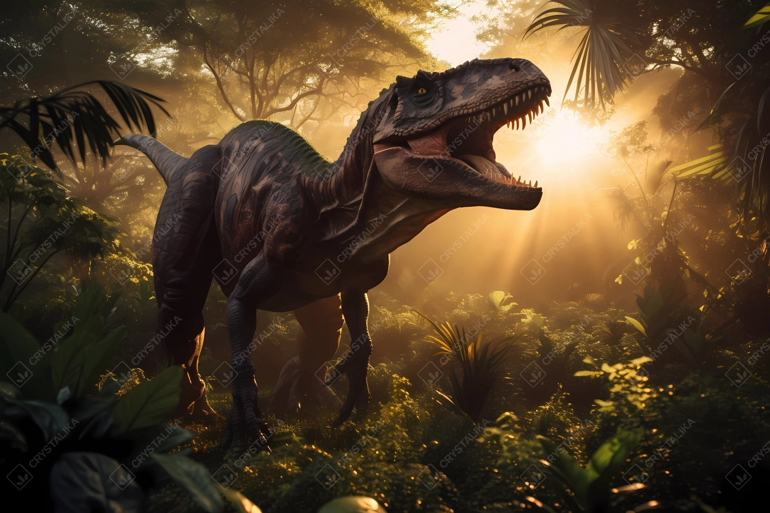 Tyrannosaurus rex hunting in the prehistoric jungle