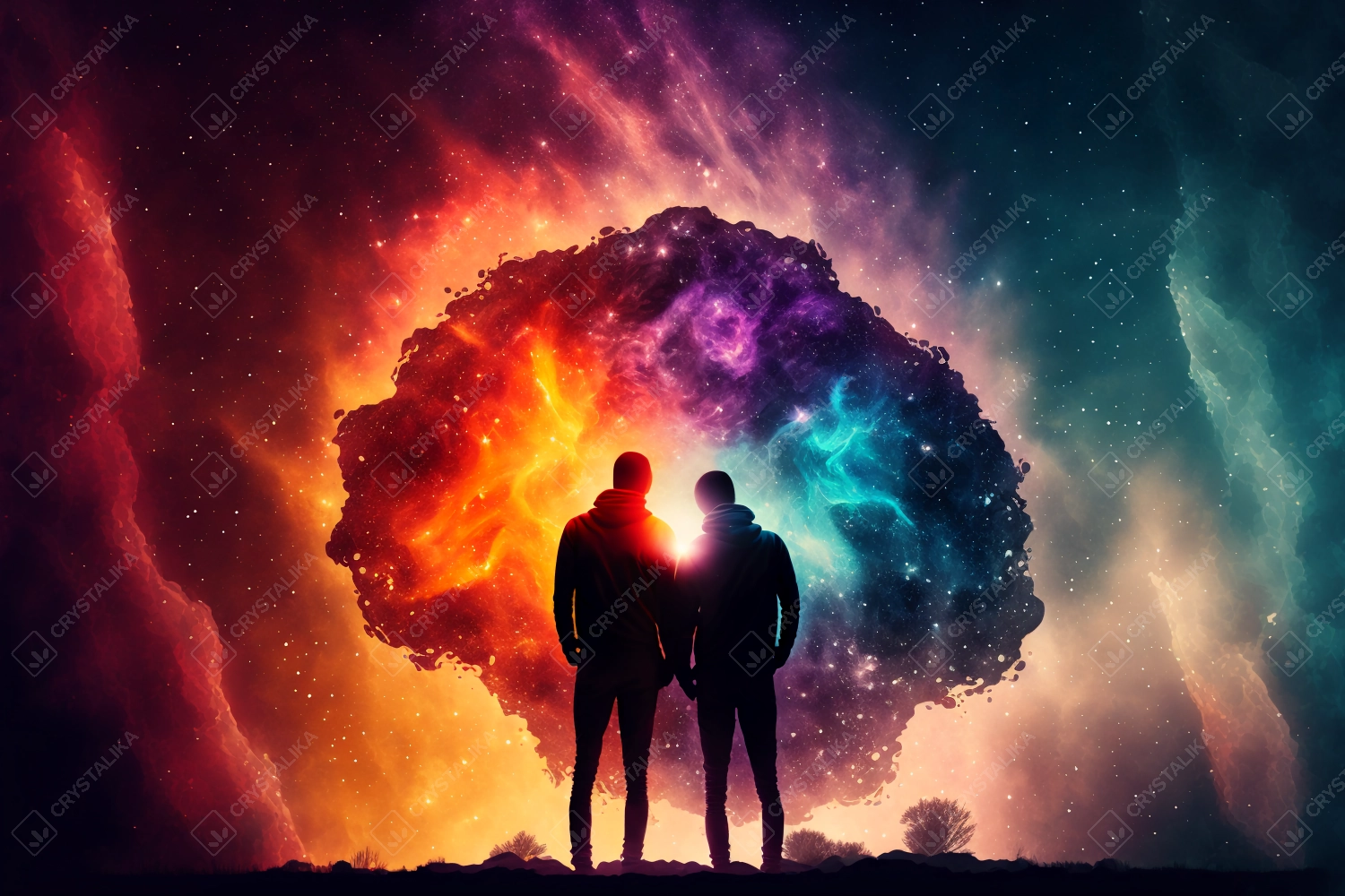 Space energy, two people with the universe around