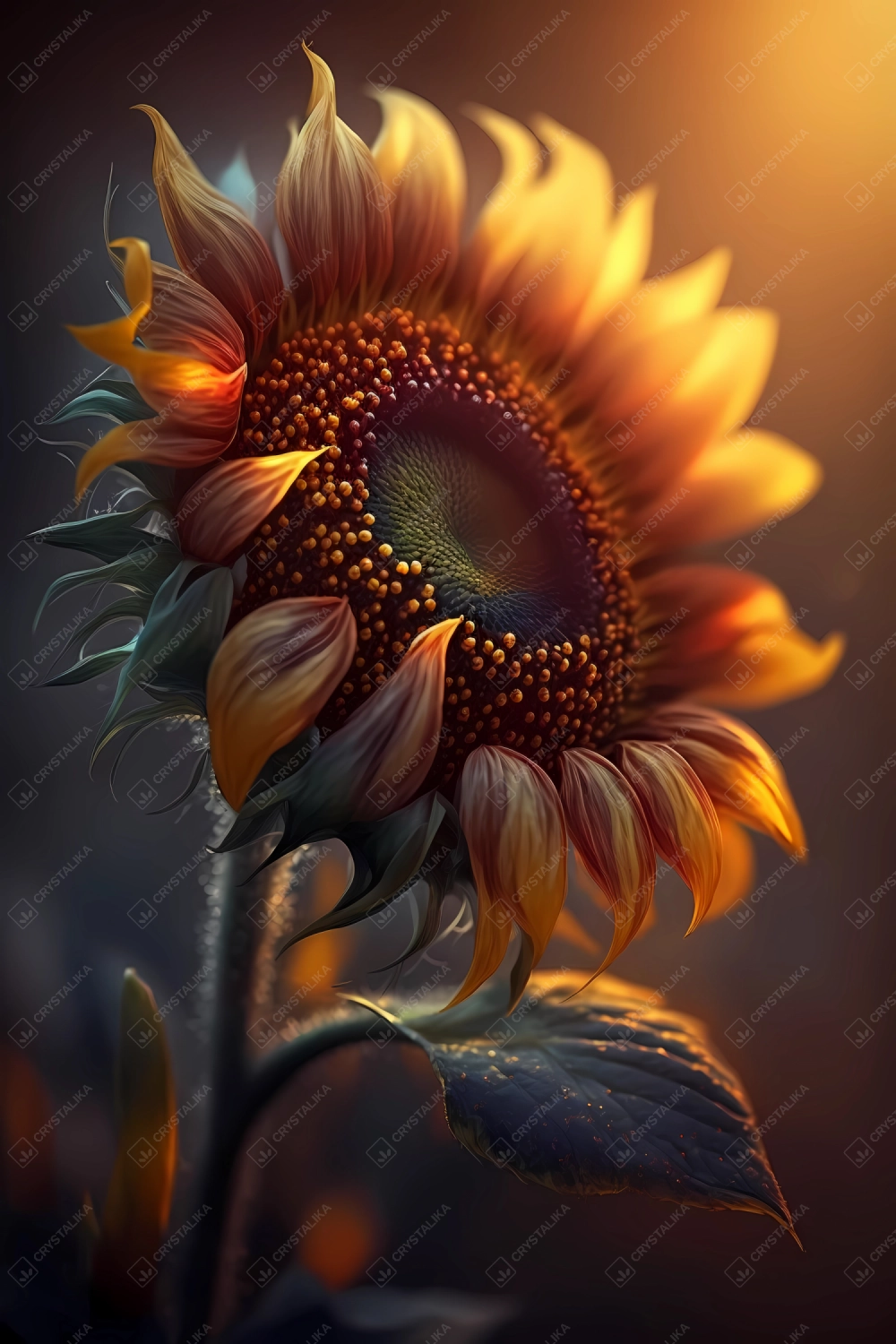 Macro of a beautiful sunflower during sunset