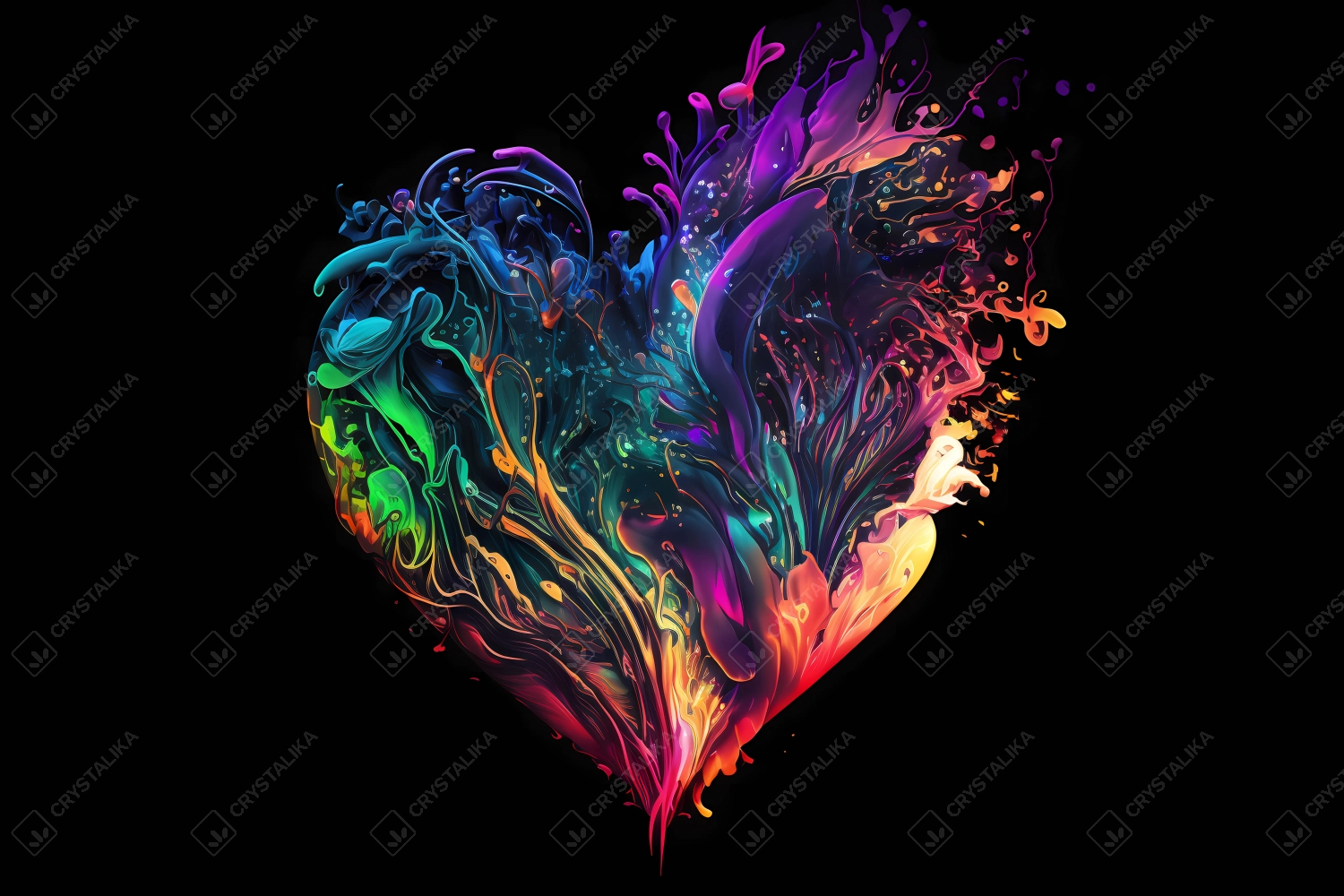 An abstract concept of heart painted with colorful watercolors on black background