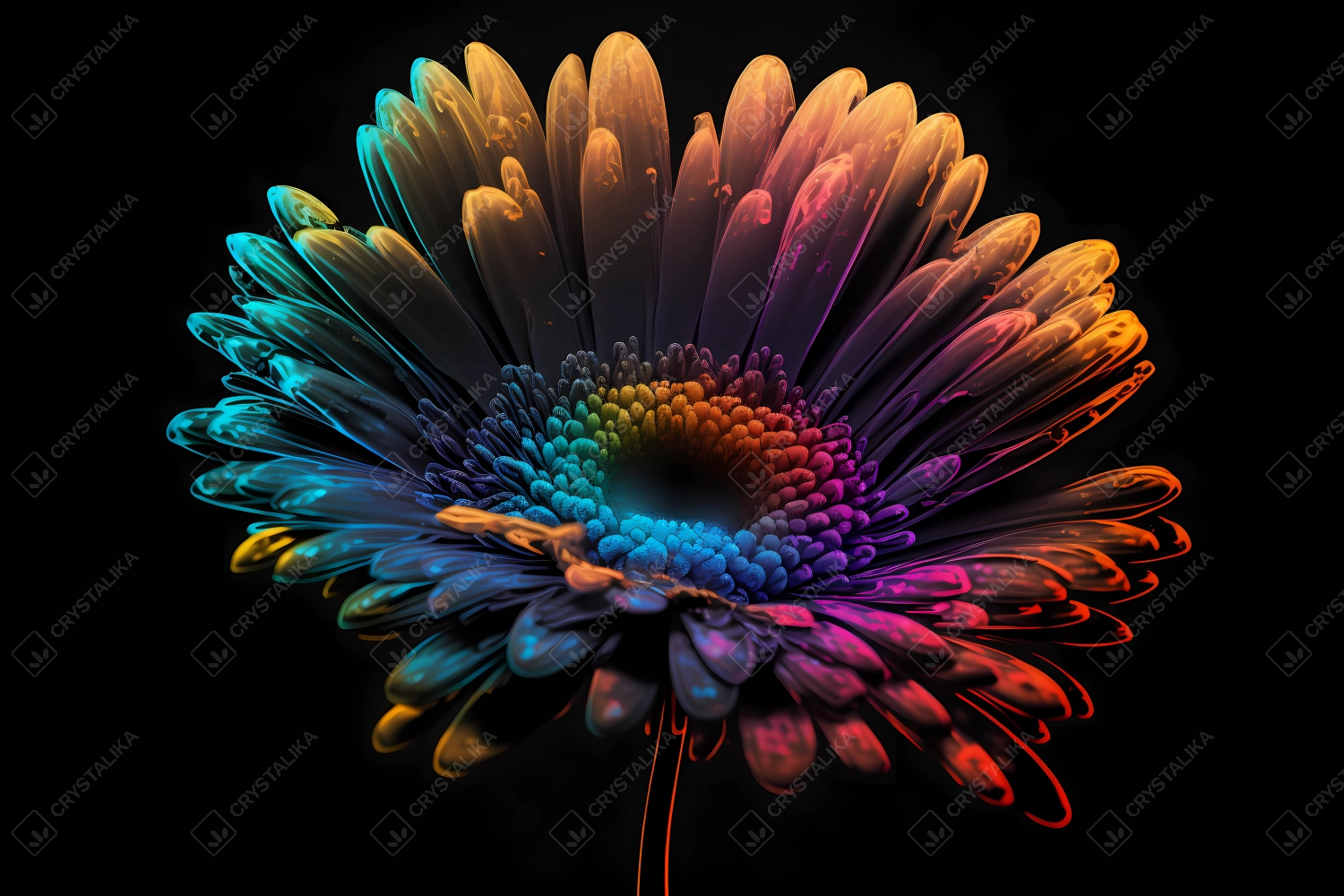 Beautiful flower painted with colorful neon watercolors on black background