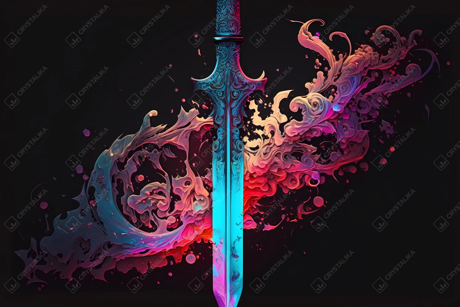 An abstract concept of a ritual dagger painted with watercolors on black background