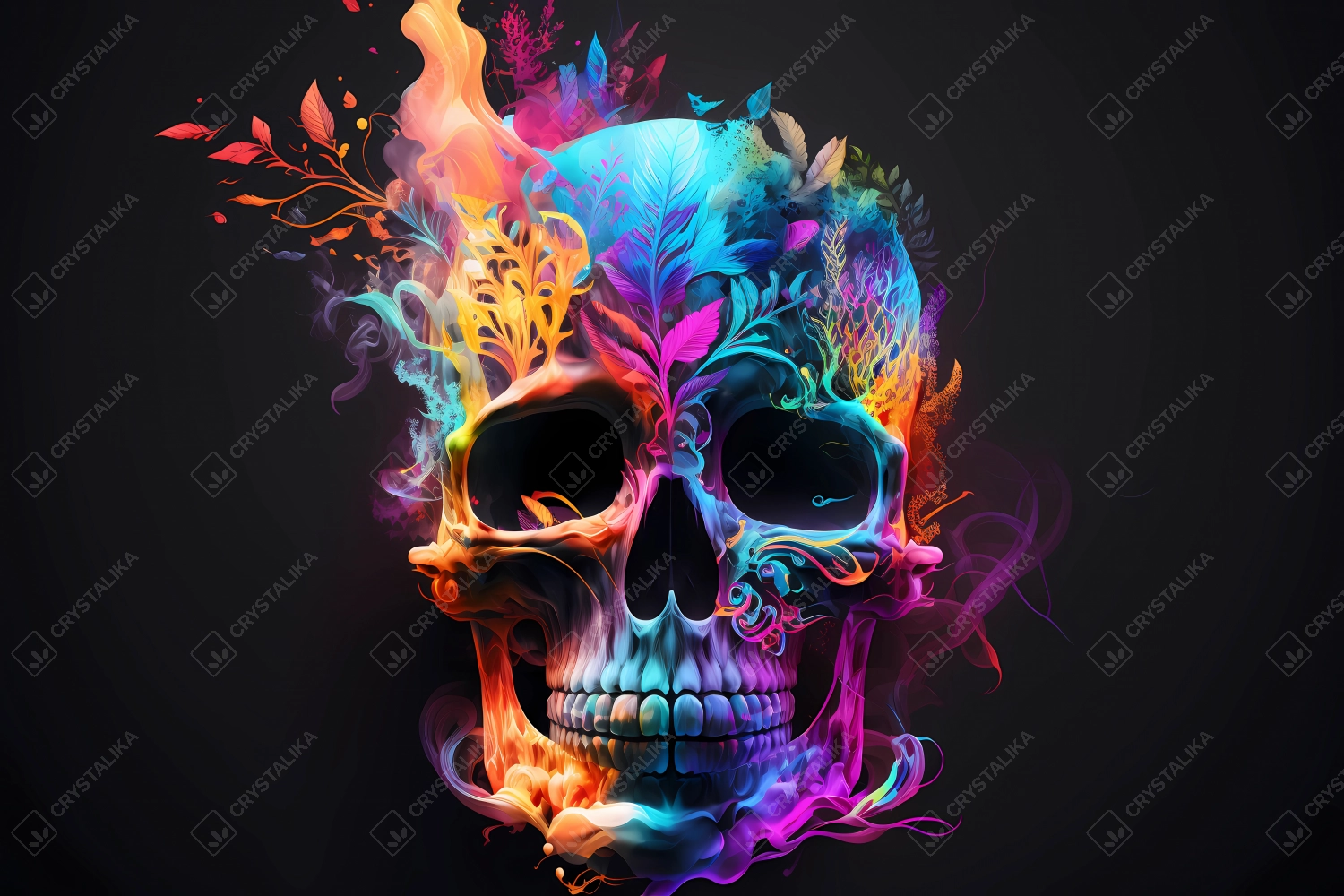 An abstract design of a skull painted with colorful watercolors on black background