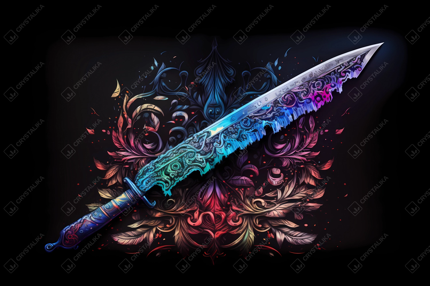 An abstract concept of a ritual dagger painted with watercolors on black background