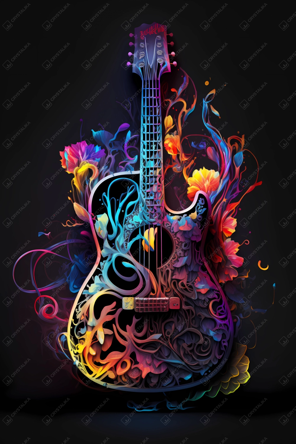 Abstract guitar painted with neon watercolor