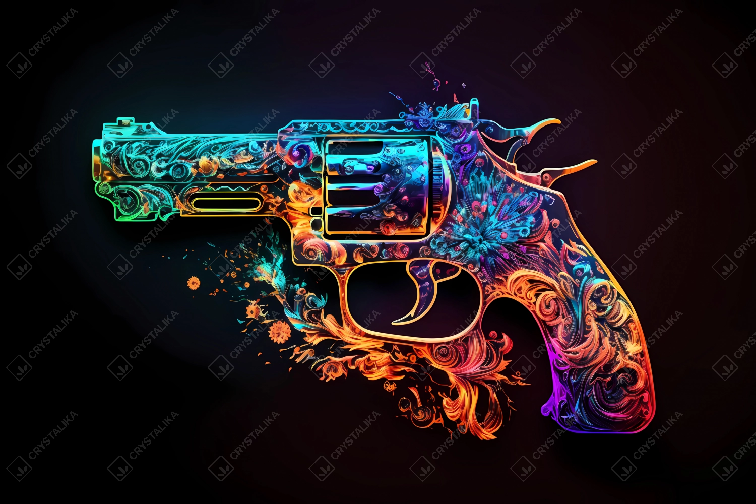 An abstract design of a gun painted with watercolors on black background