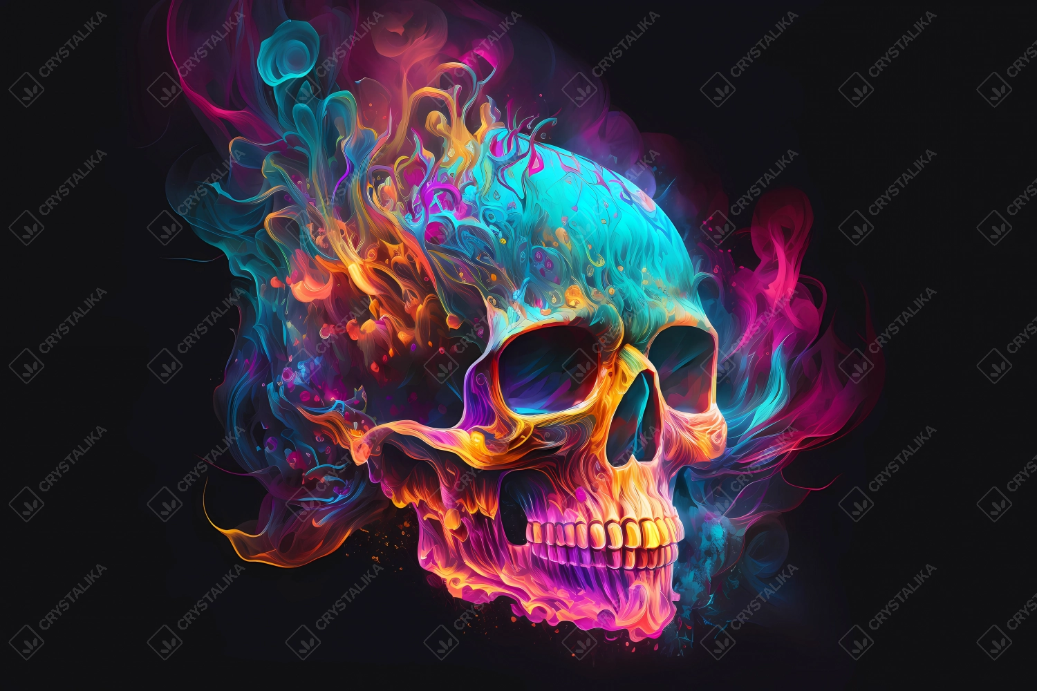 An abstract design of a skull painted with colorful watercolors on black background