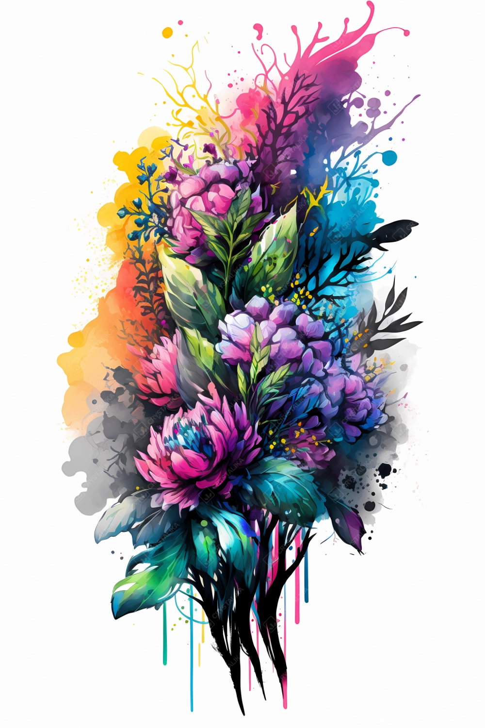 An abstract design of a bouquet of flowers painted with colorful watercolors on white background