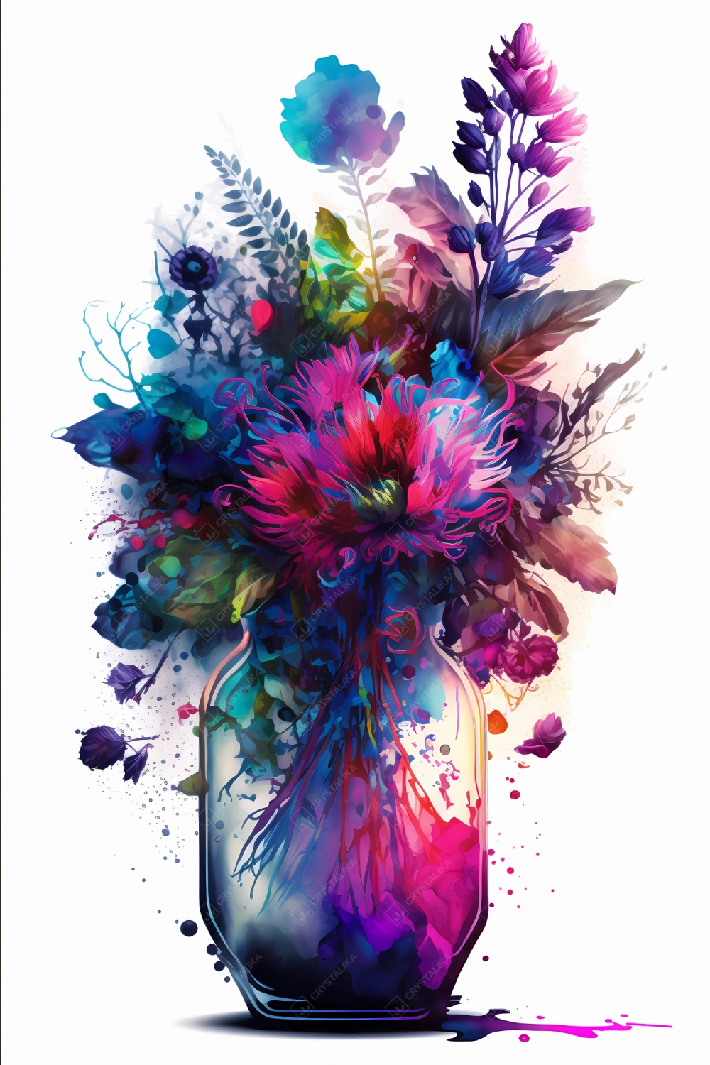 An abstract design of a bunch of flowers in a vase painted with colorful watercolors on white background