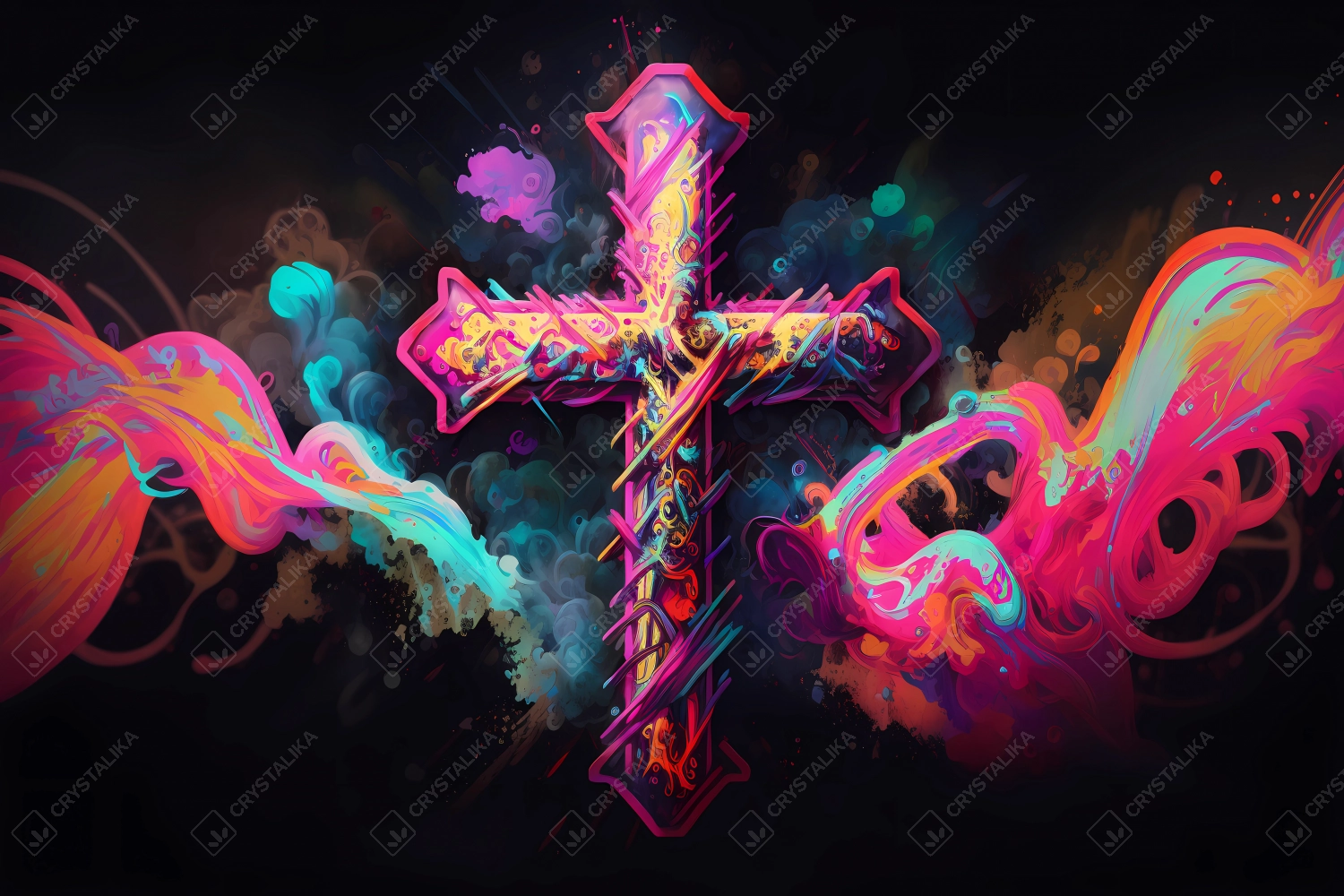 An abstract design of a cross painted with colorful watercolors on black background