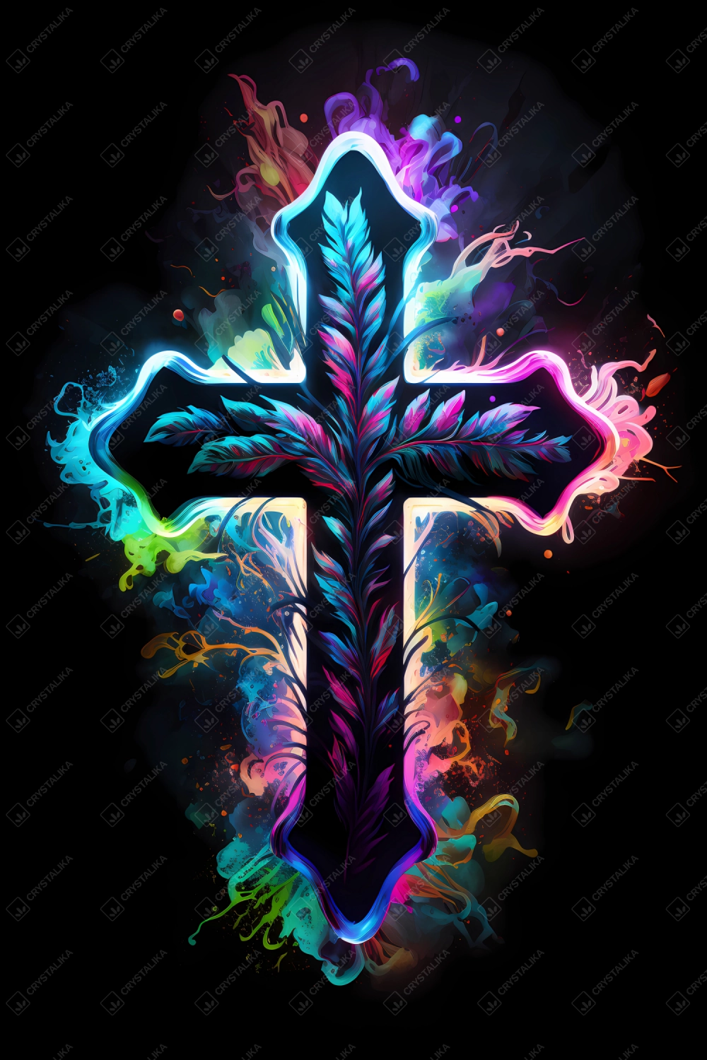 An abstract design of a cross painted with colorful watercolors on black background