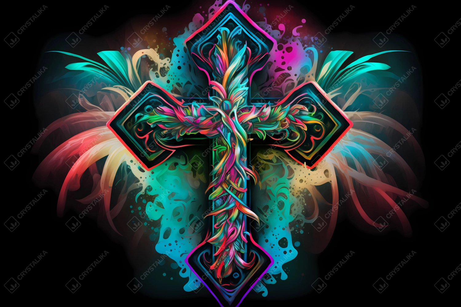 An abstract design of a cross painted with colorful watercolors on black background