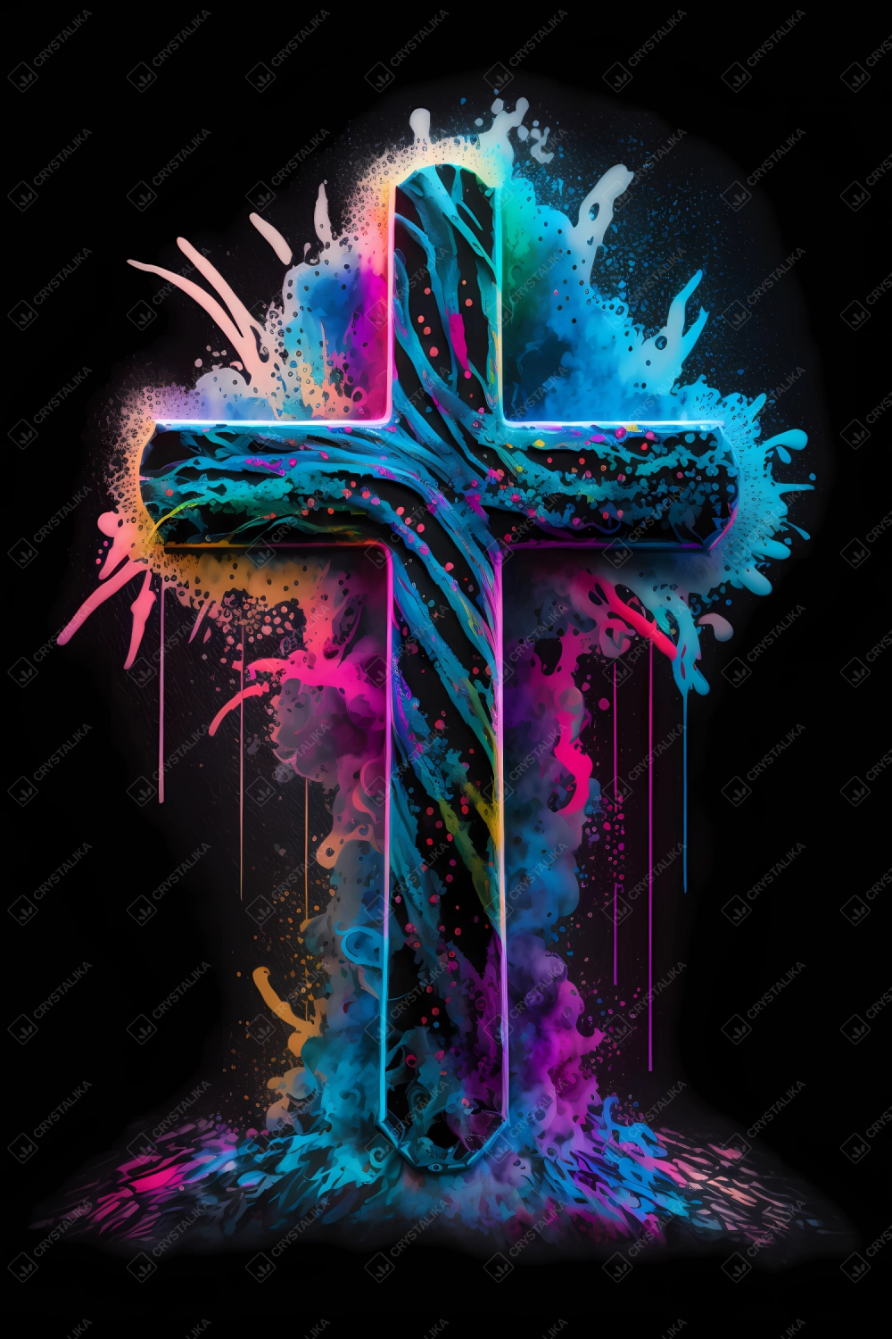 An abstract design of a cross painted with colorful watercolors on black background