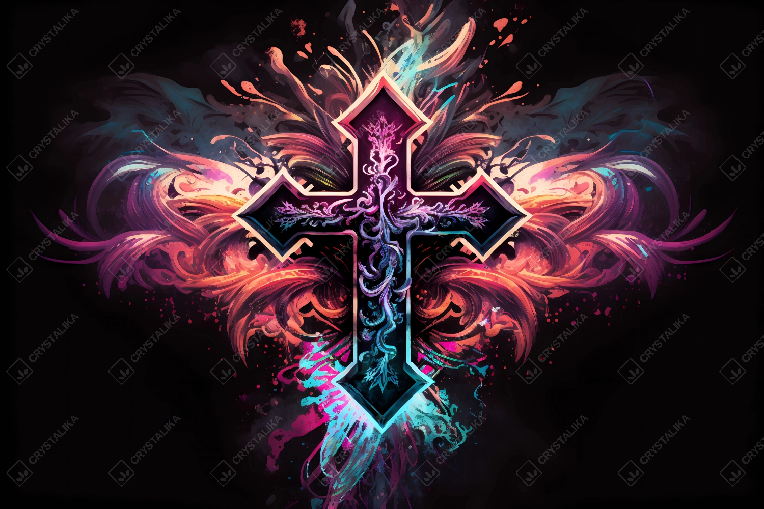 An abstract design of a cross painted with colorful watercolors on black background