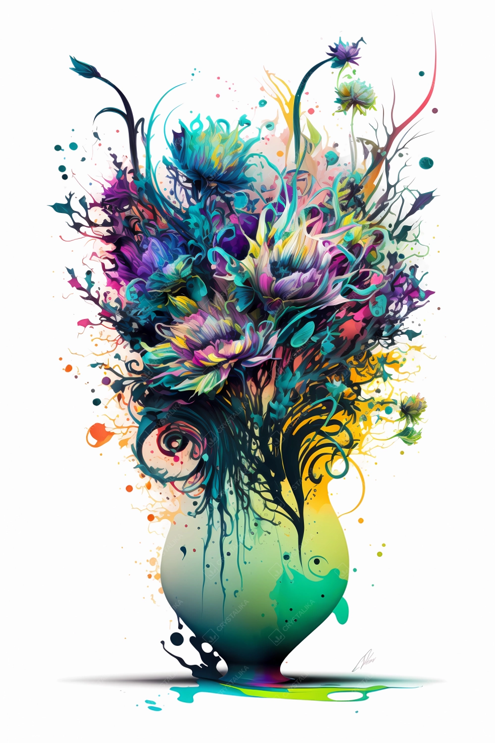 An abstract design of a bunch of flowers in a vase painted with colorful watercolors on white background