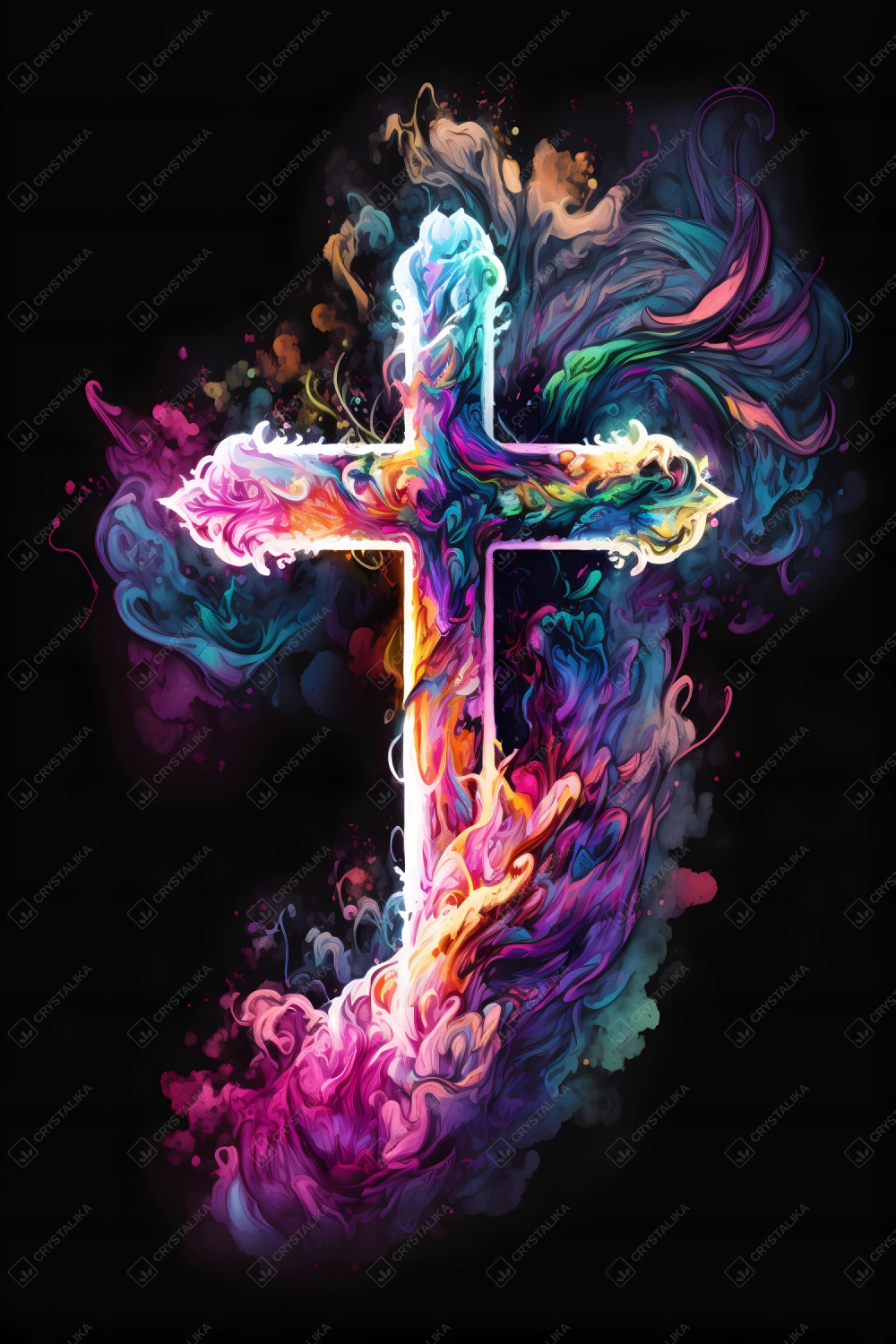 An abstract design of a cross painted with colorful watercolors on black background