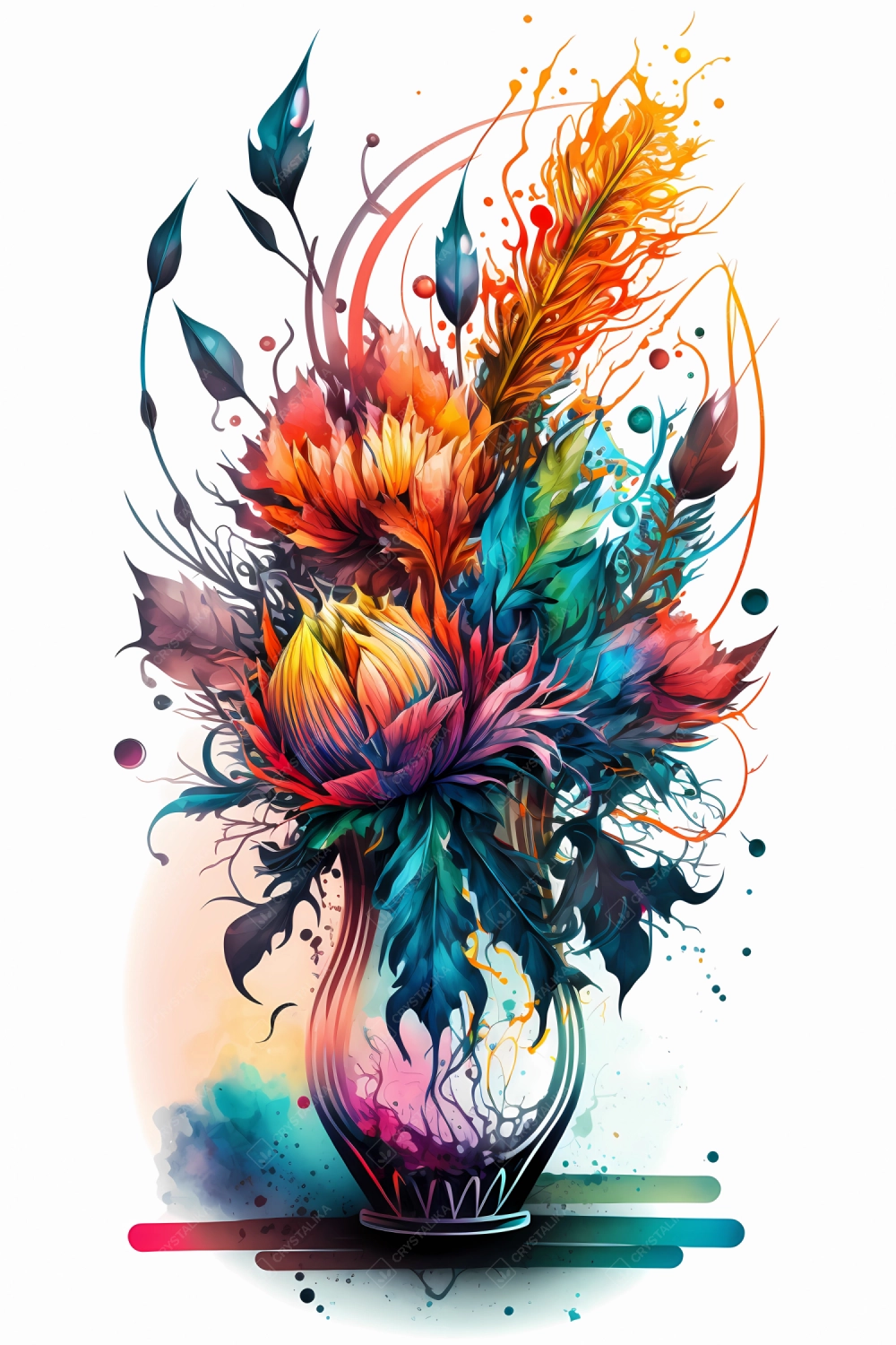 An abstract design of a bunch of flowers in a vase painted with colorful watercolors on white background