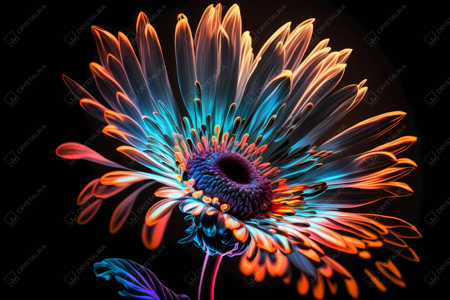 Beautiful flower painted with colorful neon watercolors on black background