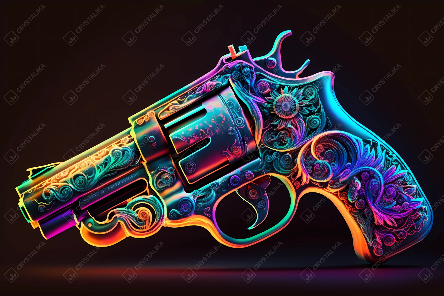 An abstract design of a gun painted with watercolors on black background