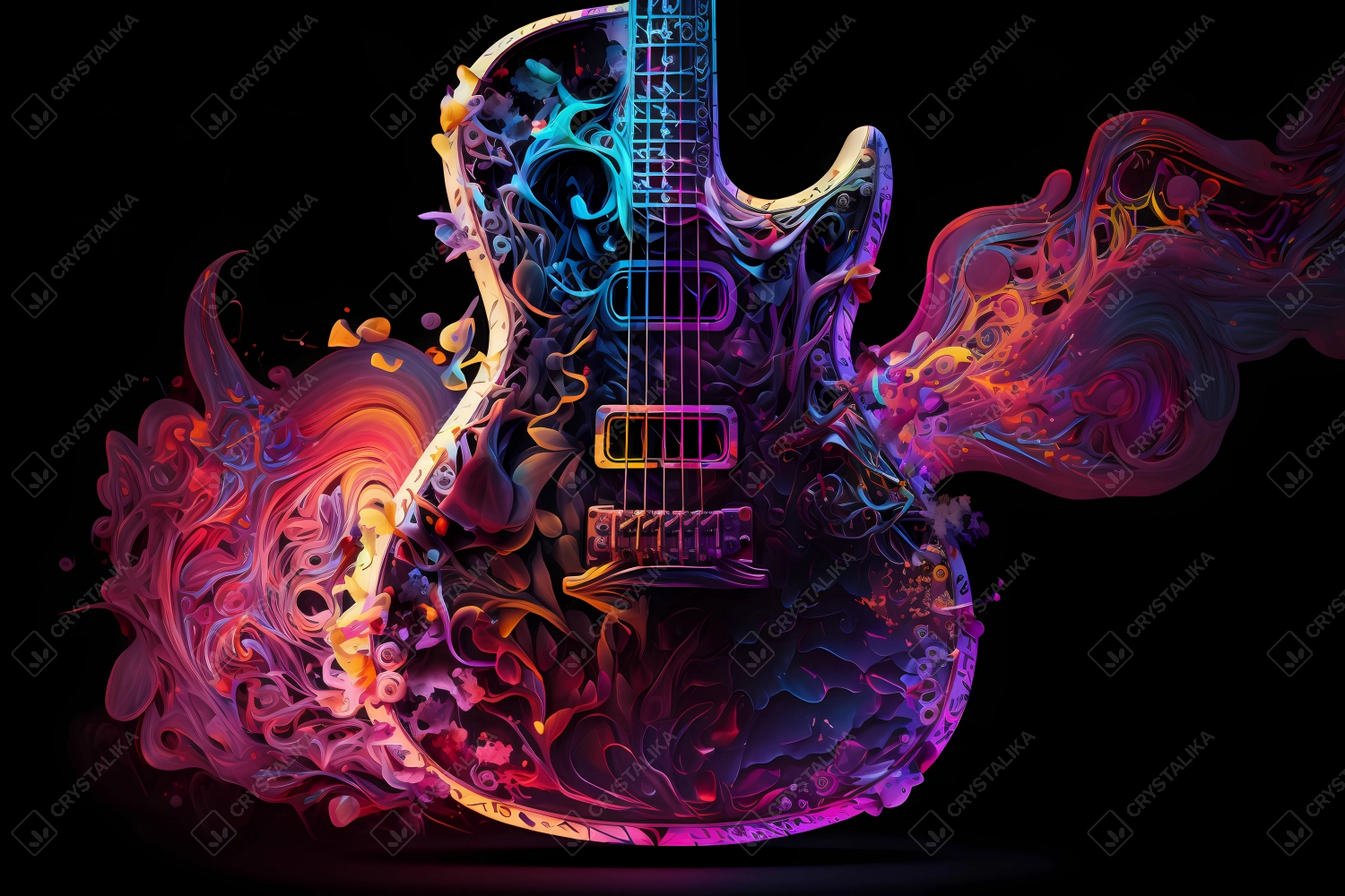 Abstract guitar painted with neon watercolor