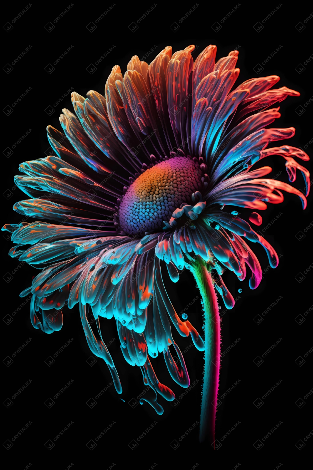 Beautiful flower painted with colorful neon watercolors on black background