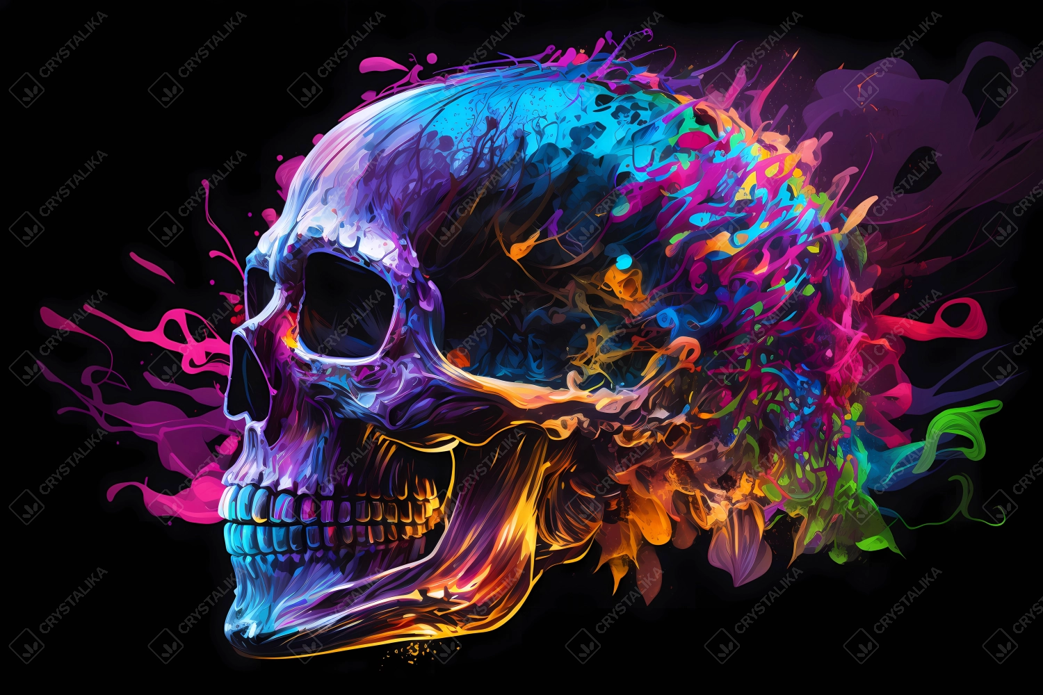 An abstract design of a skull painted with colorful watercolors on black background