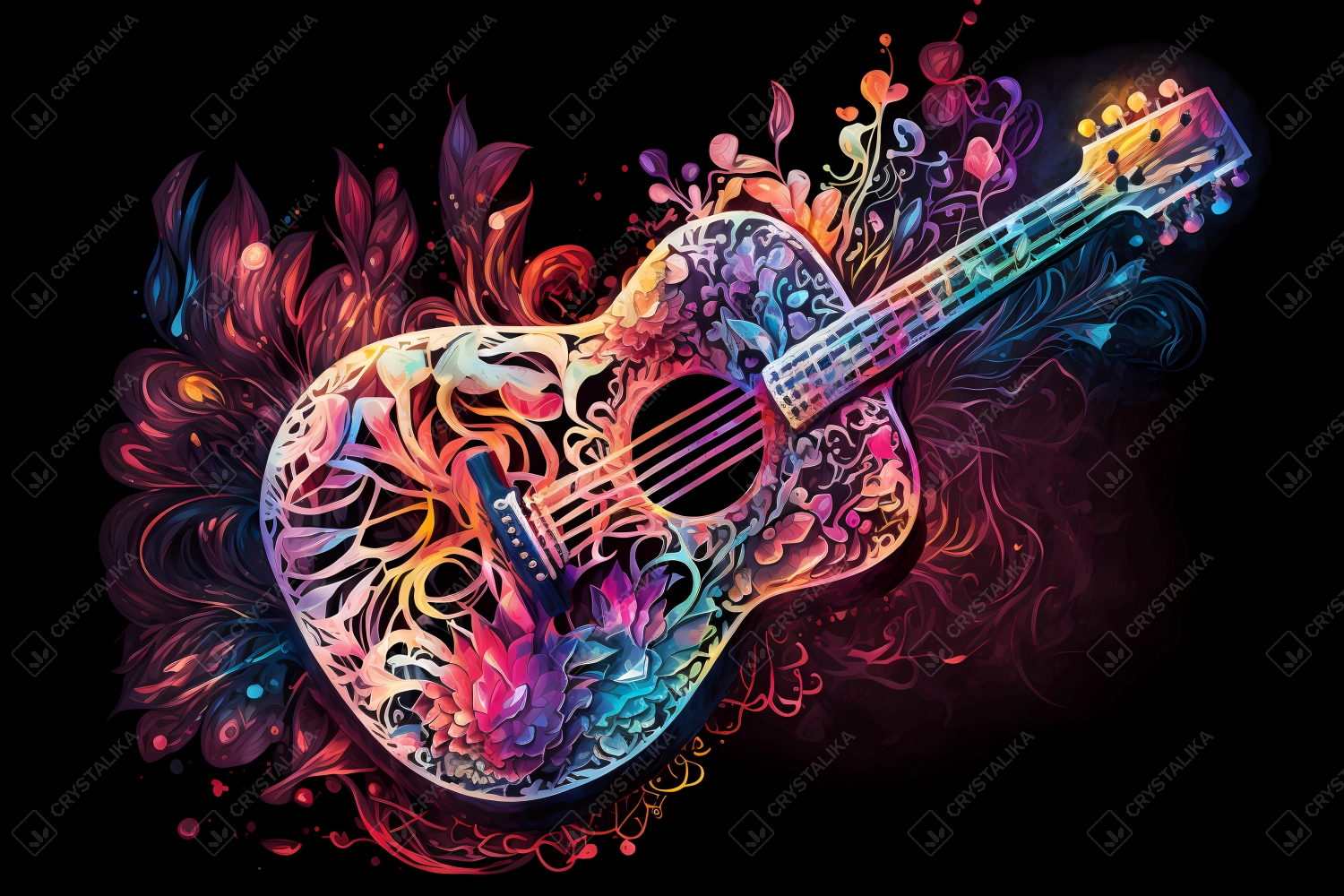 Abstract guitar painted with neon watercolor