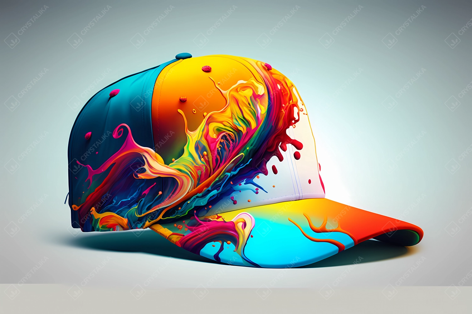 An abstract design of a baseball cap painted with watercolors on white background