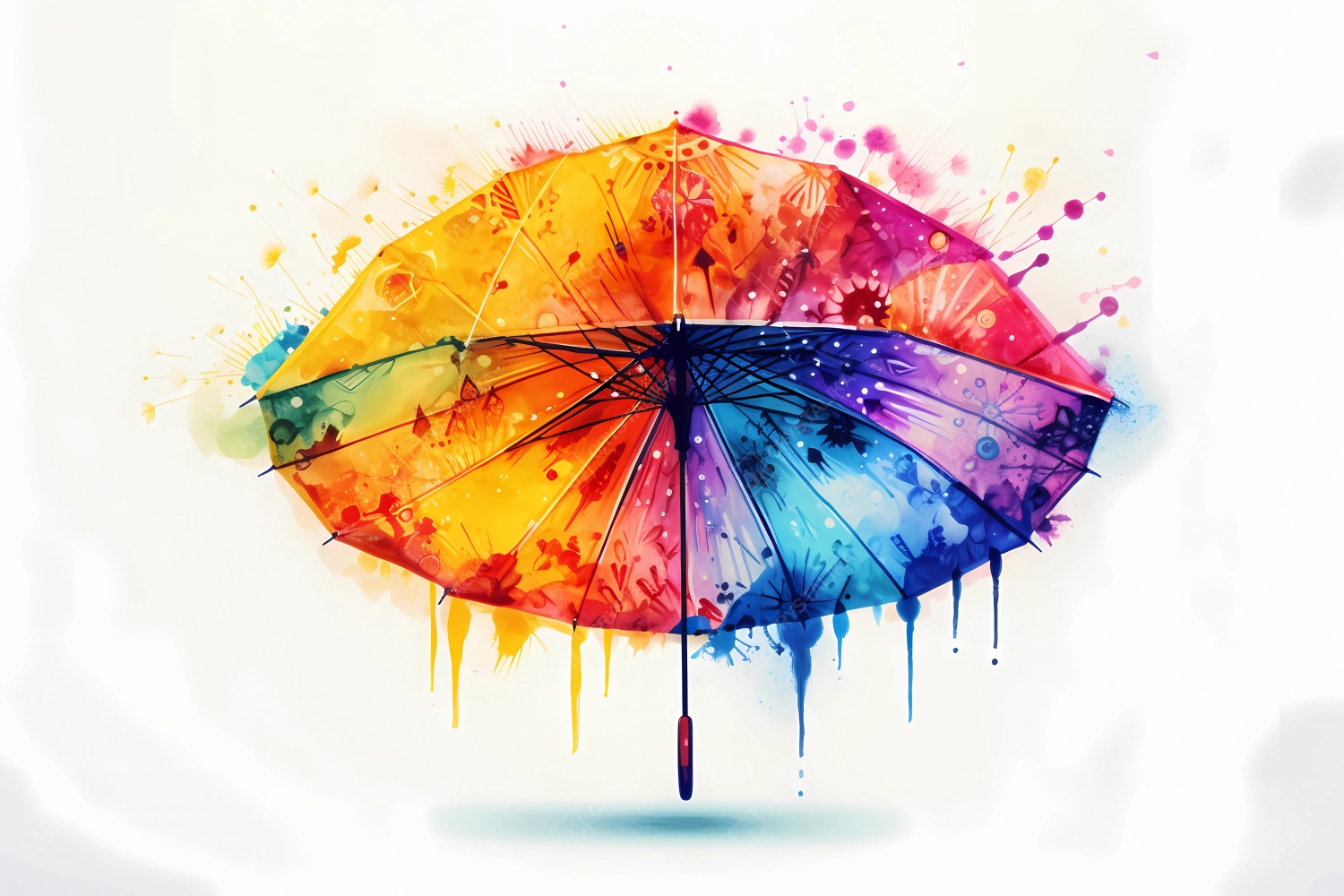 An abstract design of umbrella painted with colorful watercolors on black background