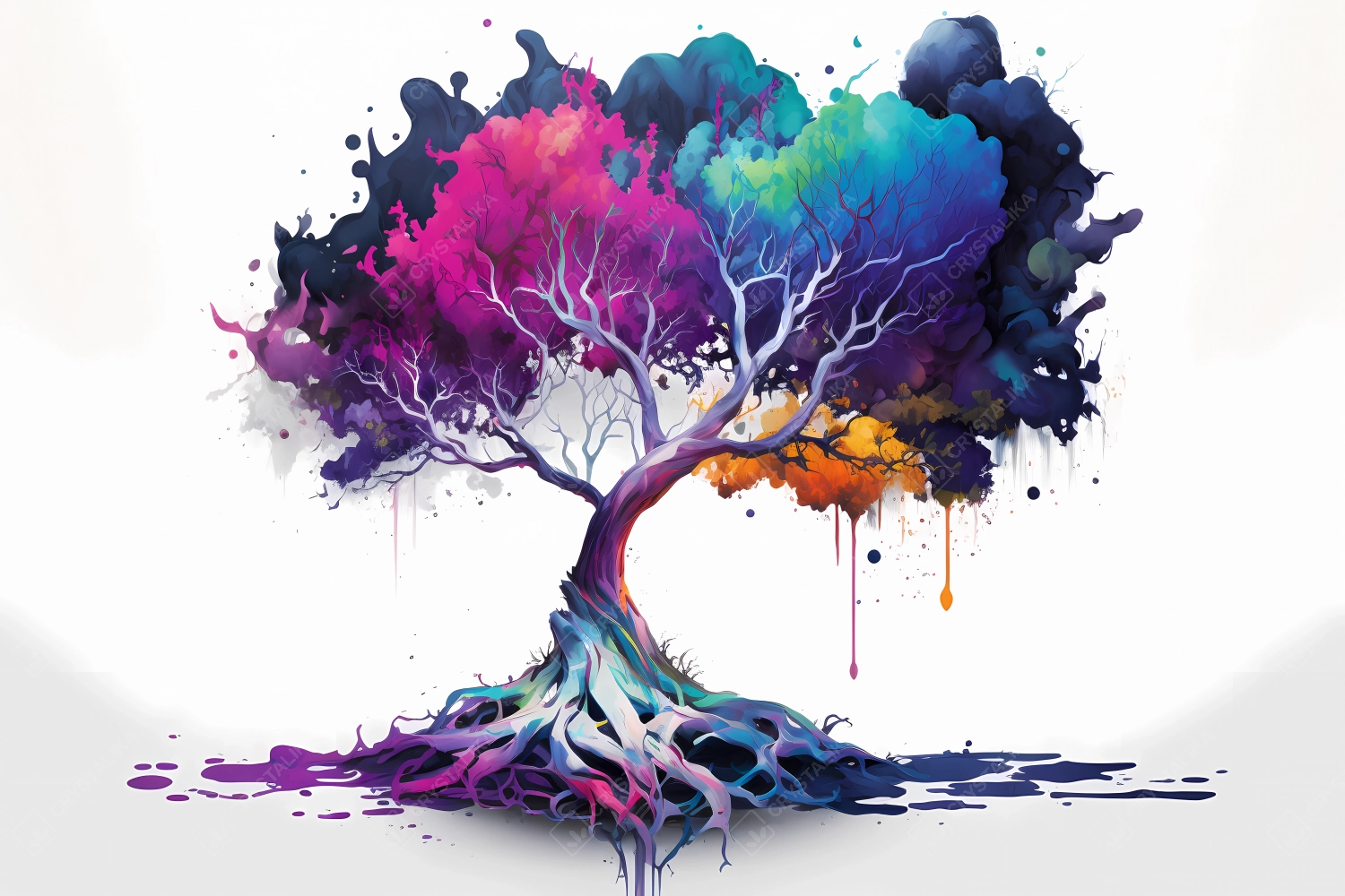 An abstract colorful tree painted with neon watercolors on white background