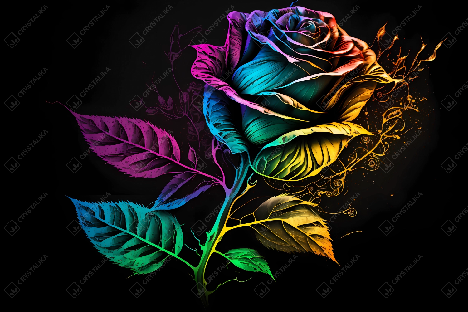 Beautiful rose painted with colorful neon watercolors on black background