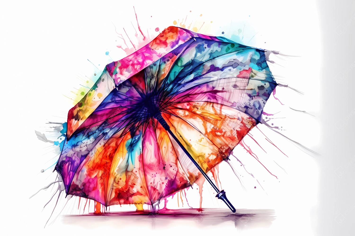 An abstract design of umbrella painted with colorful watercolors on black background