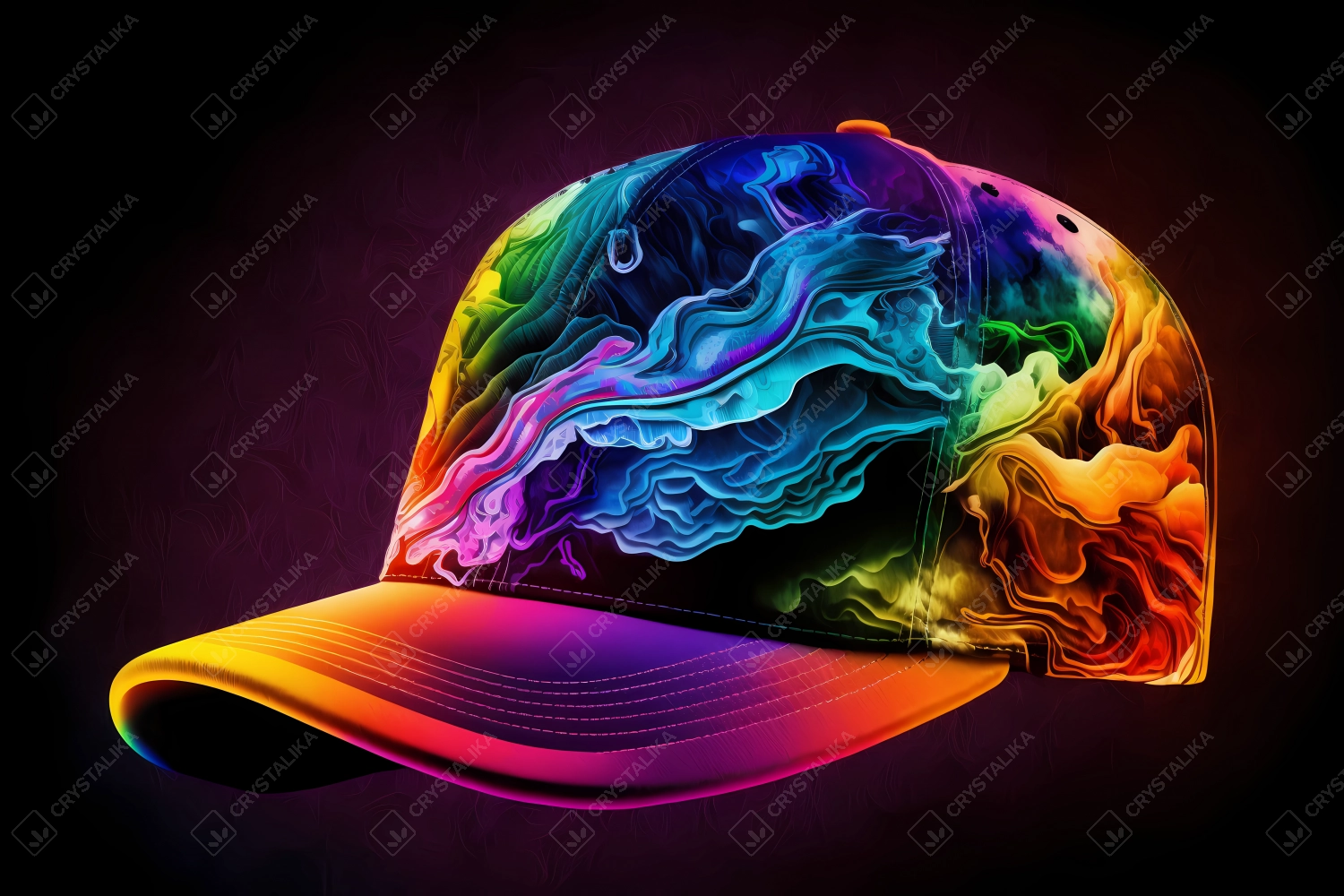 An abstract design of a baseball cap painted with watercolors on black background