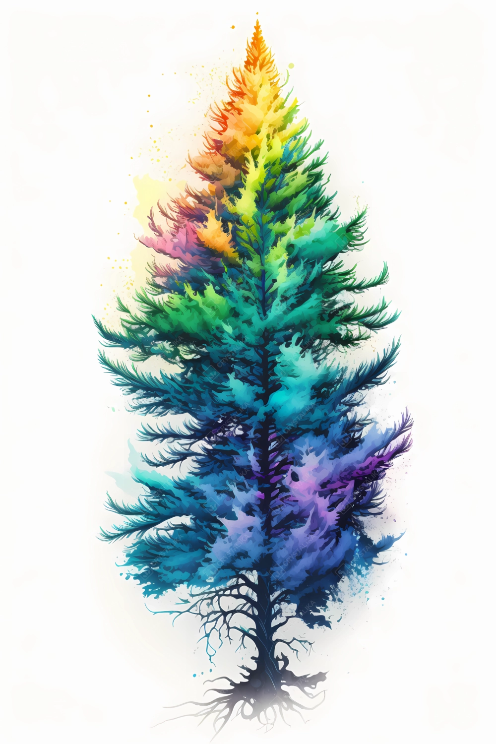 An abstract colorful spruce painted with neon watercolors on white background