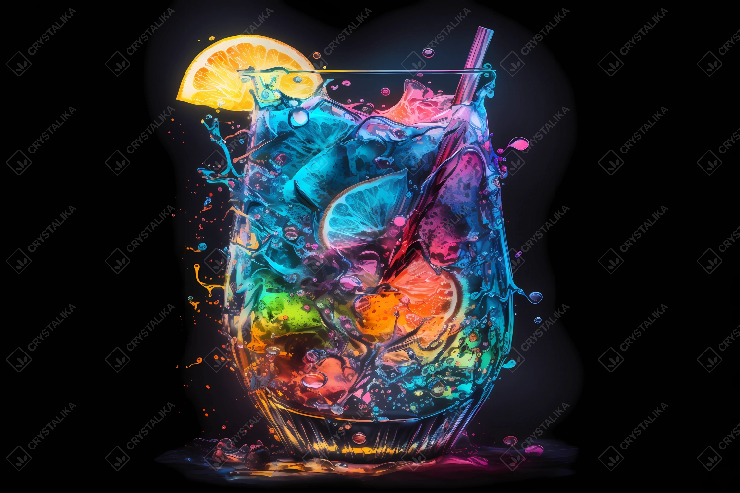 An abstract concept of summer drink painted with watercolors on black background