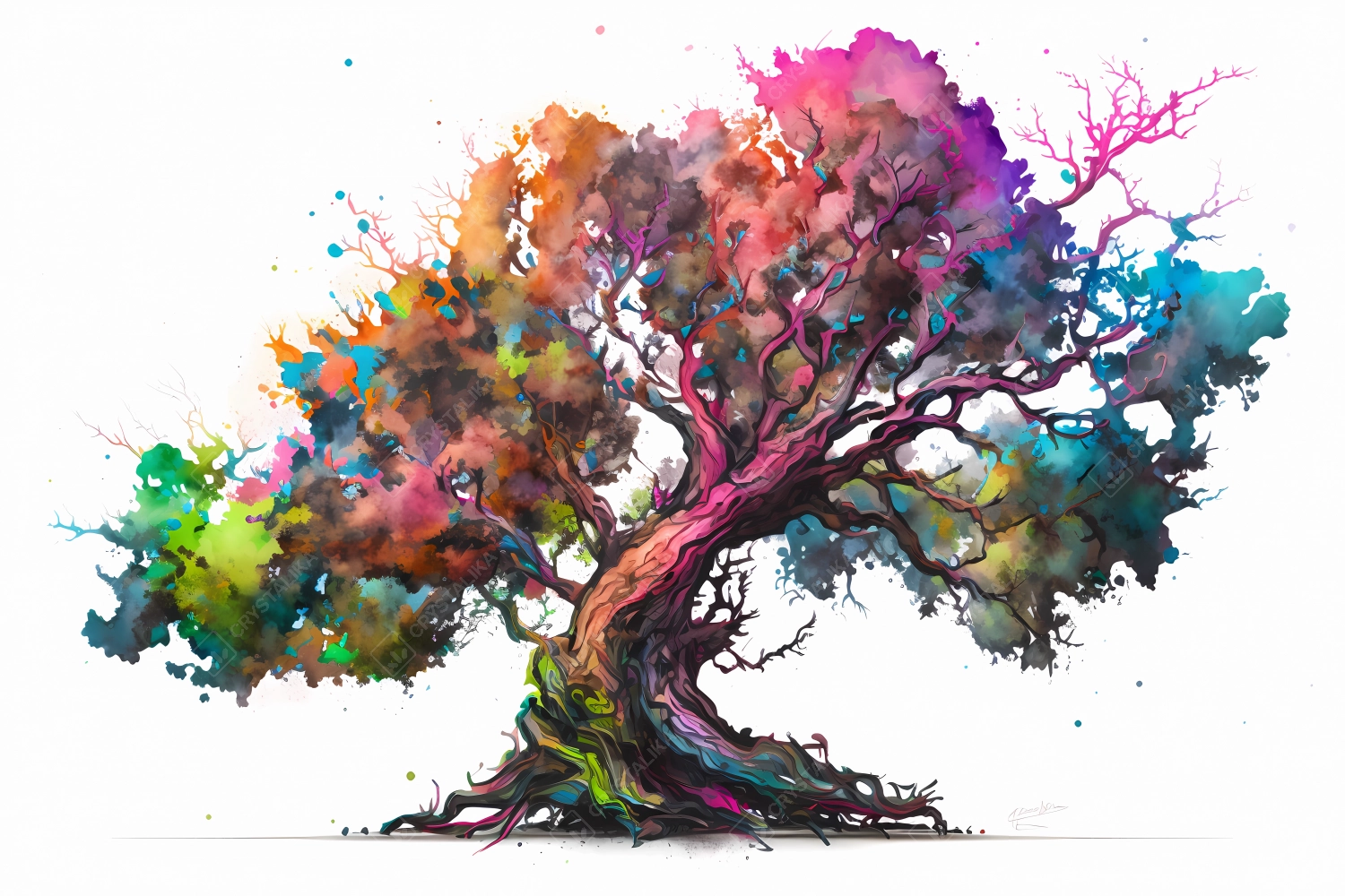 An abstract colorful tree painted with neon watercolors on white background