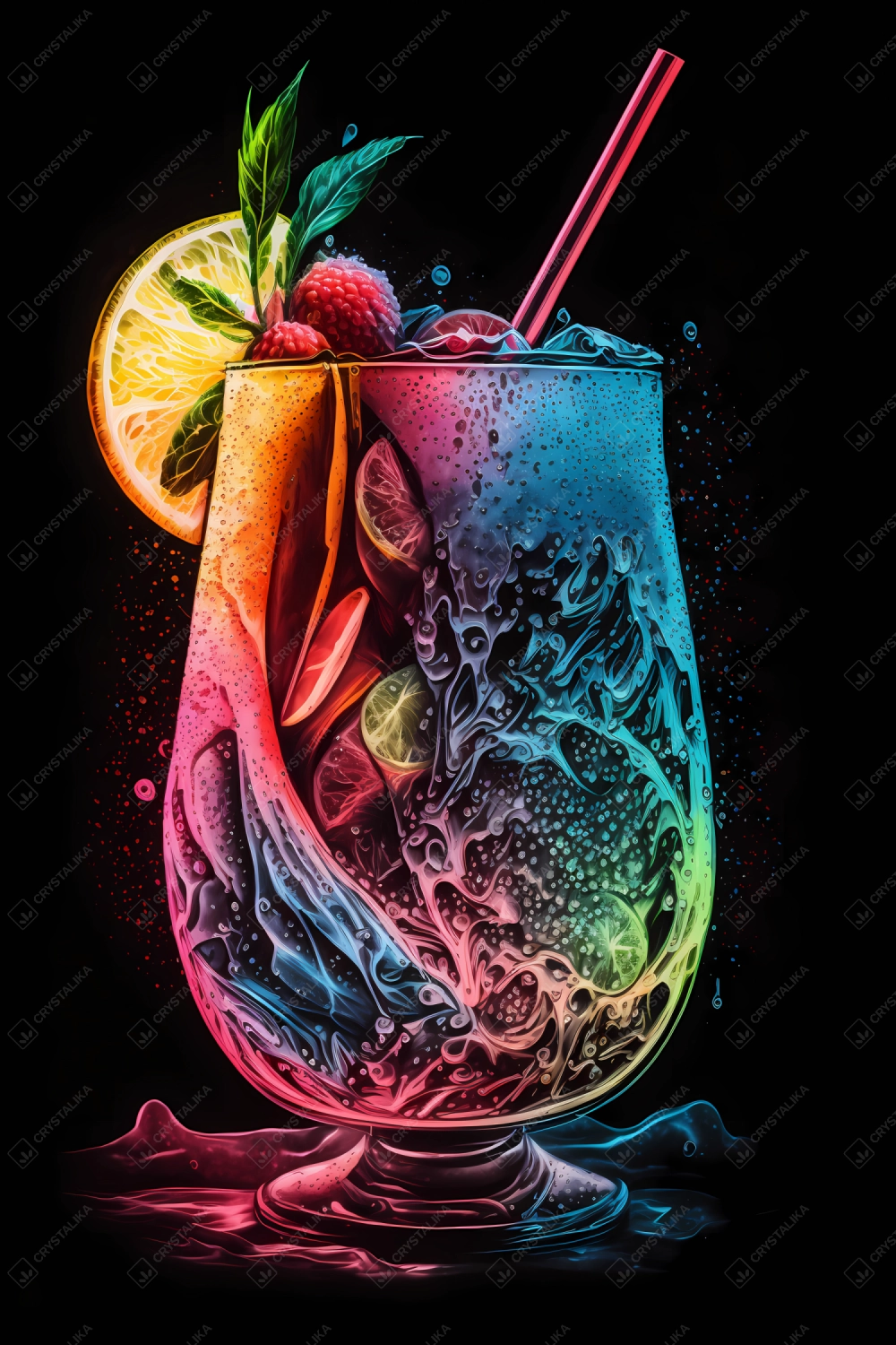 An abstract concept of summer drink painted with watercolors on black background