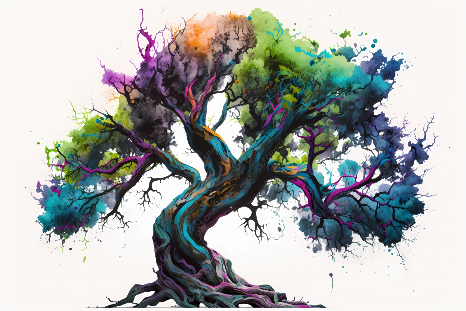 An abstract colorful tree painted with neon watercolors on white background