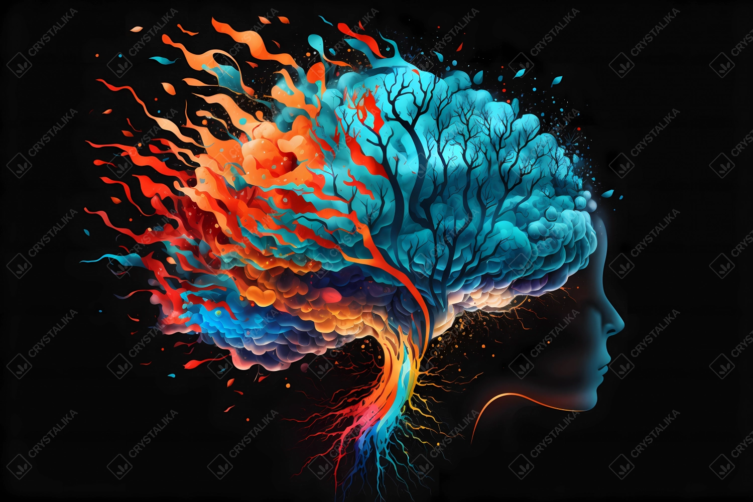 An abstract concept of a colorful brain exploding with ideas