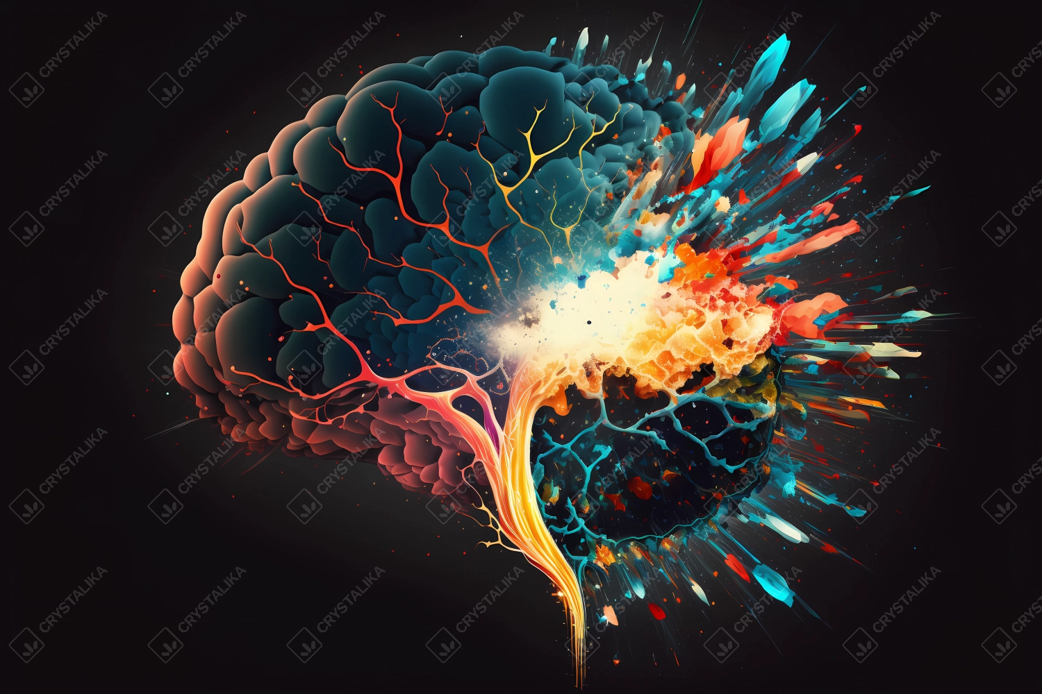 An abstract concept of a colorful brain exploding with ideas