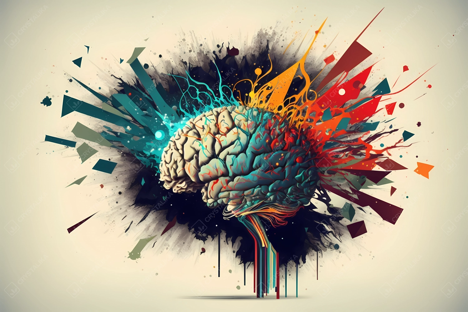 An abstract concept of a colorful brain exploding with ideas