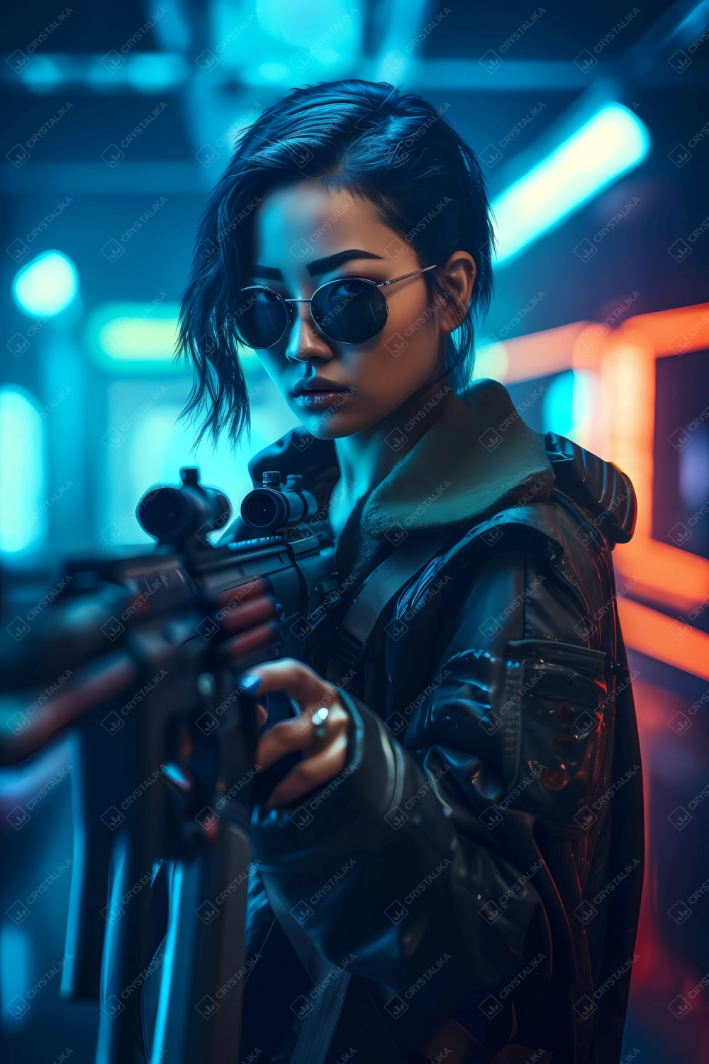 Badass futuristic woman marine with a big gun