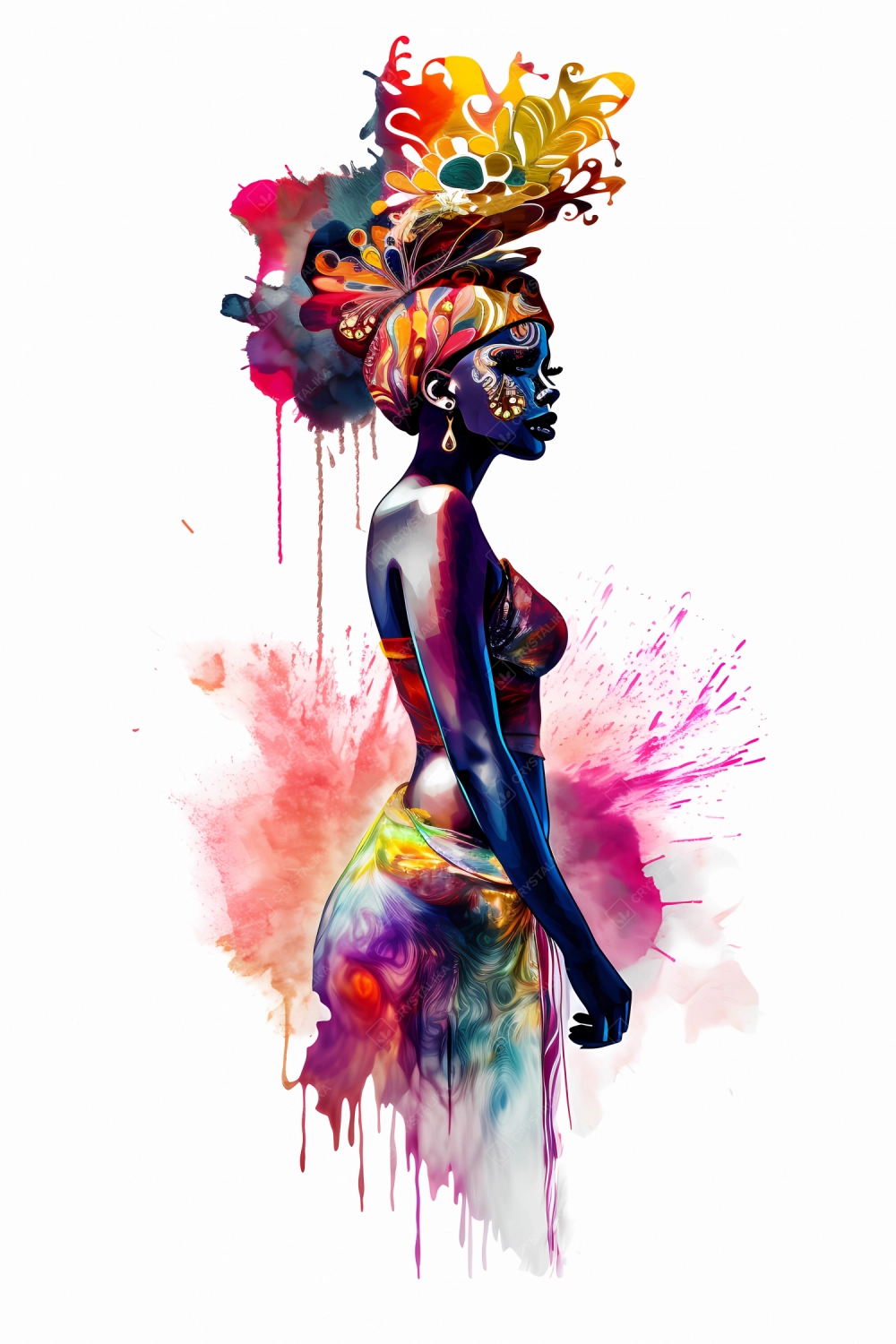 Gorgeous African dancer in colorful dress - watercolor art