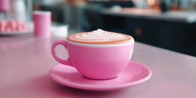 Pink cup of coffee with latte art on the table in cafe bar