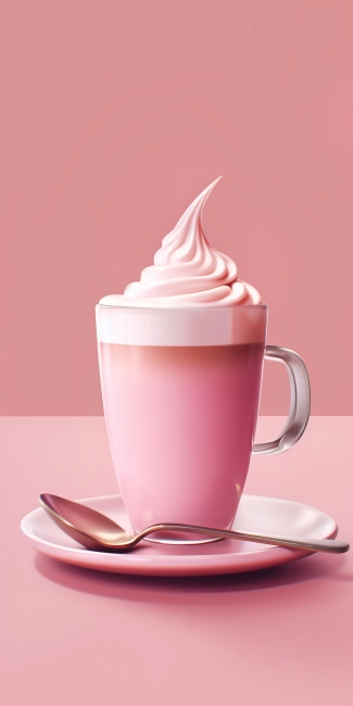 Cup of cappuccino with whipped cream on pink background
