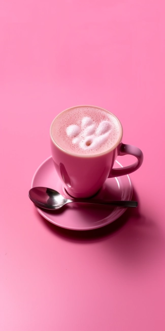 Cup of cappuccino with milk foam on pink background