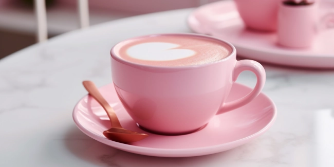 Pink cup of cappuccino with heart shape on white marble table