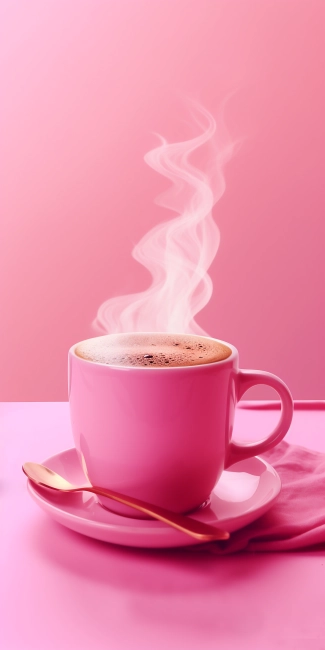 Cup of hot coffee with steam on pink background. Copy space.