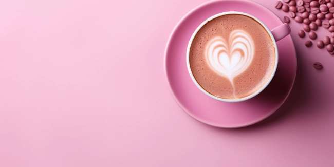 Cup of coffee with heart shape latte art on pink background